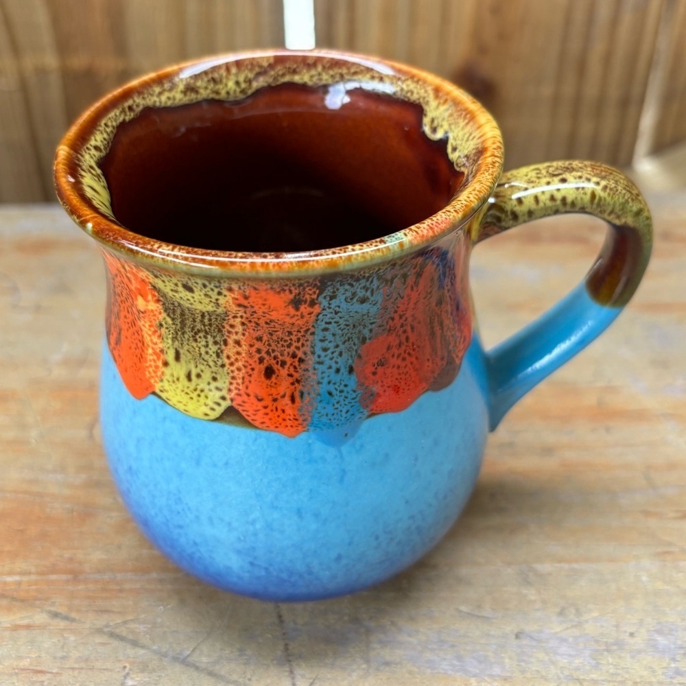 Handmade Blue & Brown Coffee Mug with Colorful Drip Glaze Around the Rim 10oz